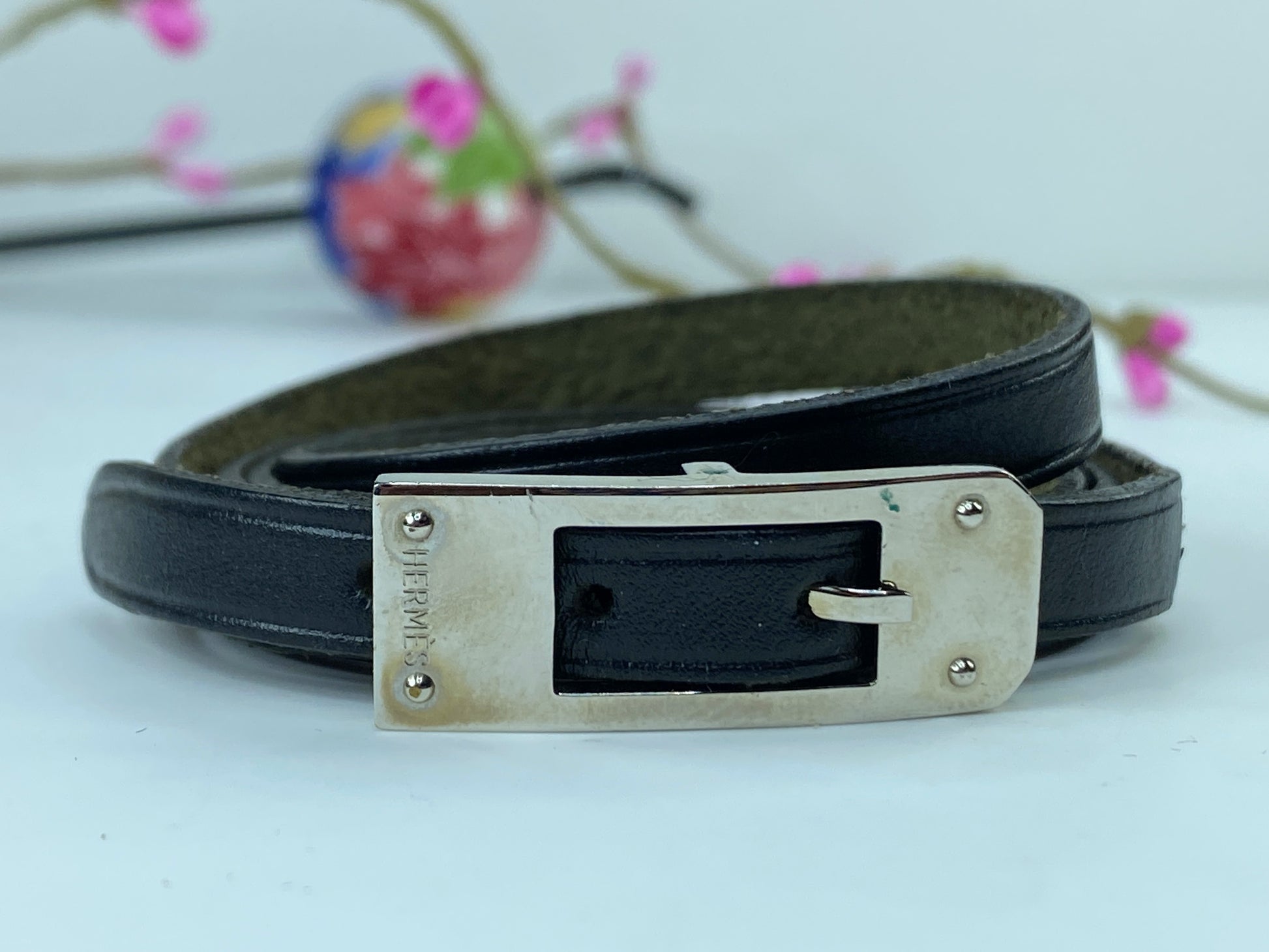 Hermes Hapi Triple Tour Black Leather Silver Tone Logo Wrap Bracelet GS351