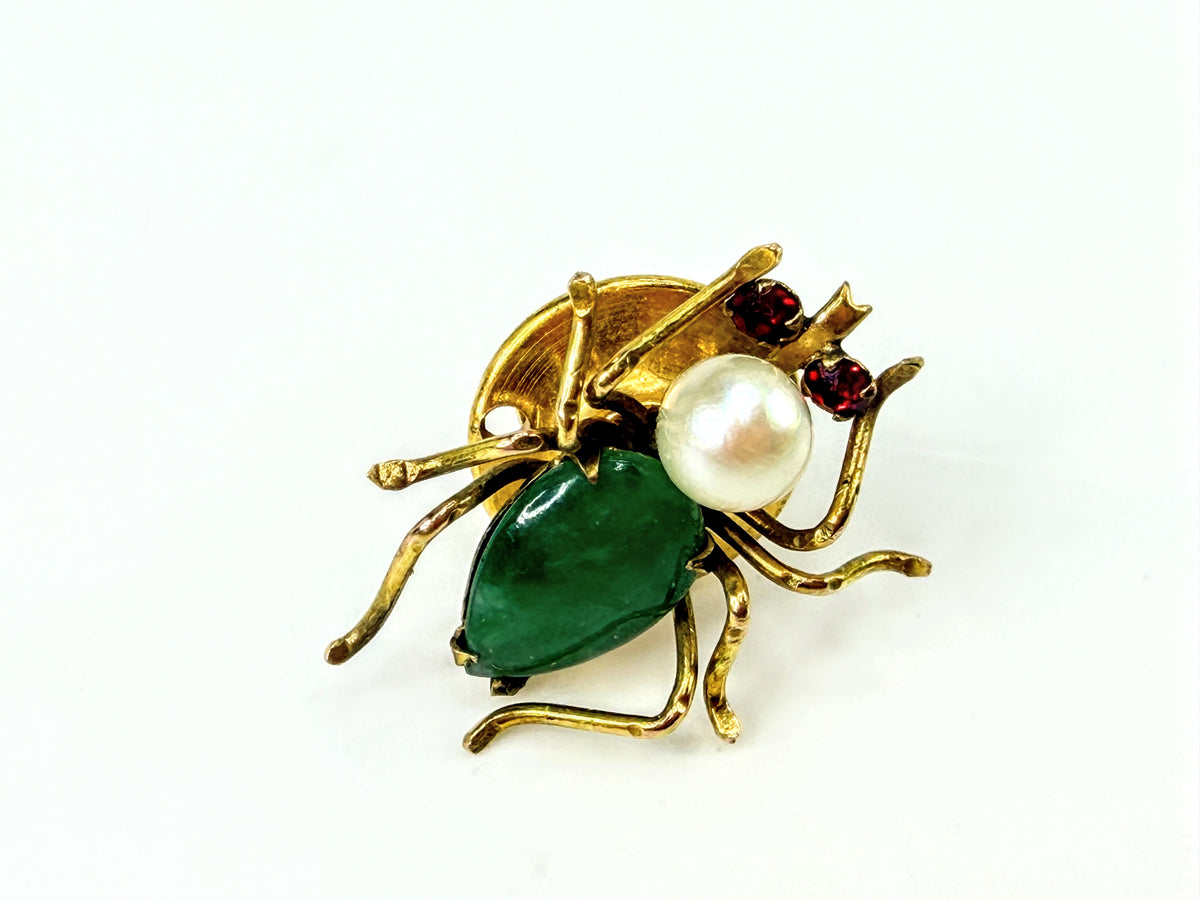 Vintage Jadeite Pearl Red Gemstone Insect Bee Brooch 18x11mm - One Piece JR2022