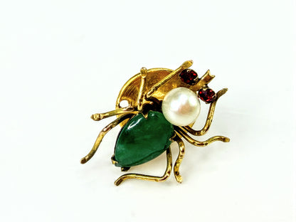 Vintage Jadeite Pearl Red Gemstone Insect Bee Brooch 18x11mm - One Piece JR2022