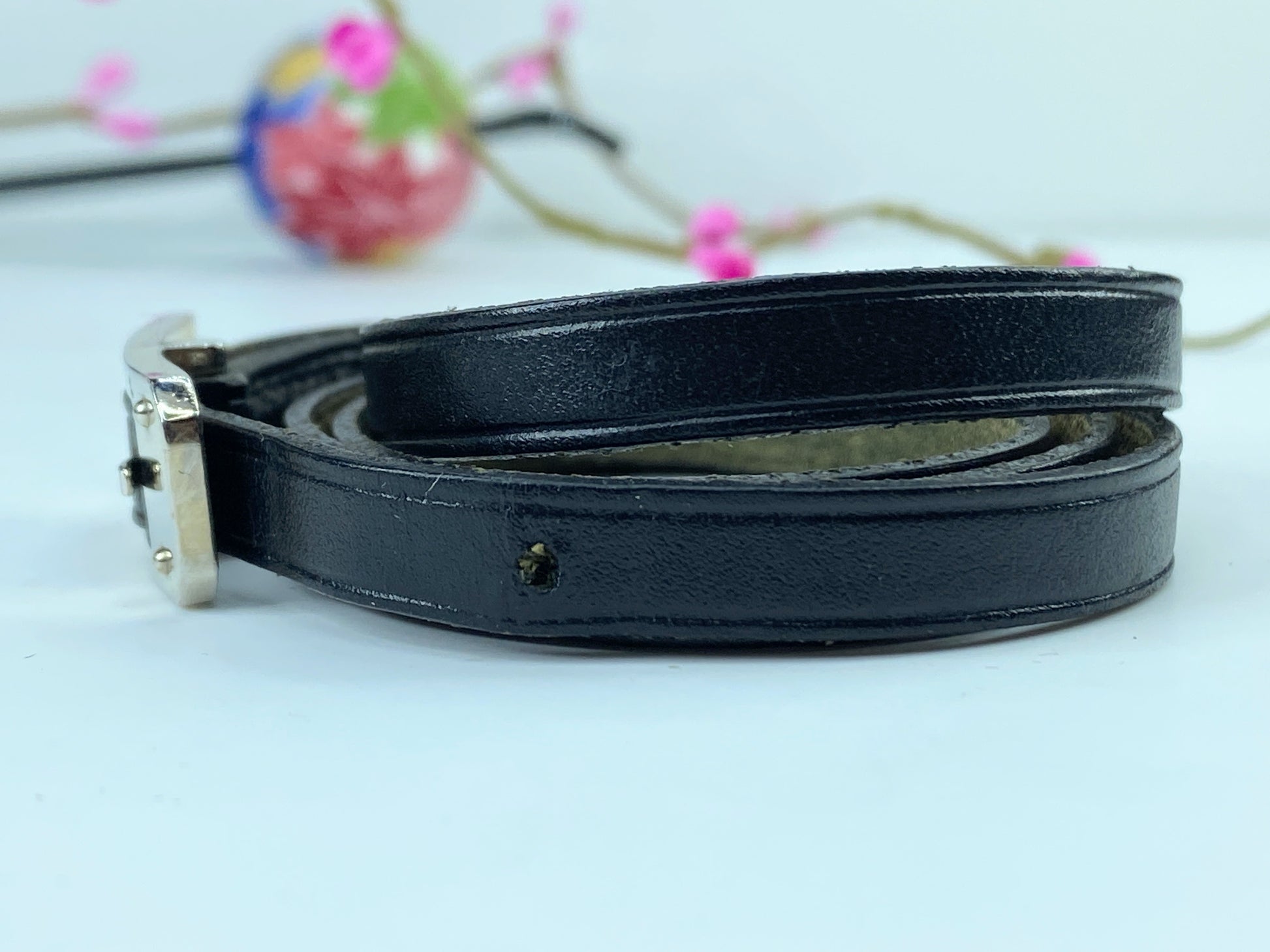 Hermes Hapi Triple Tour Black Leather Silver Tone Logo Wrap Bracelet GS351