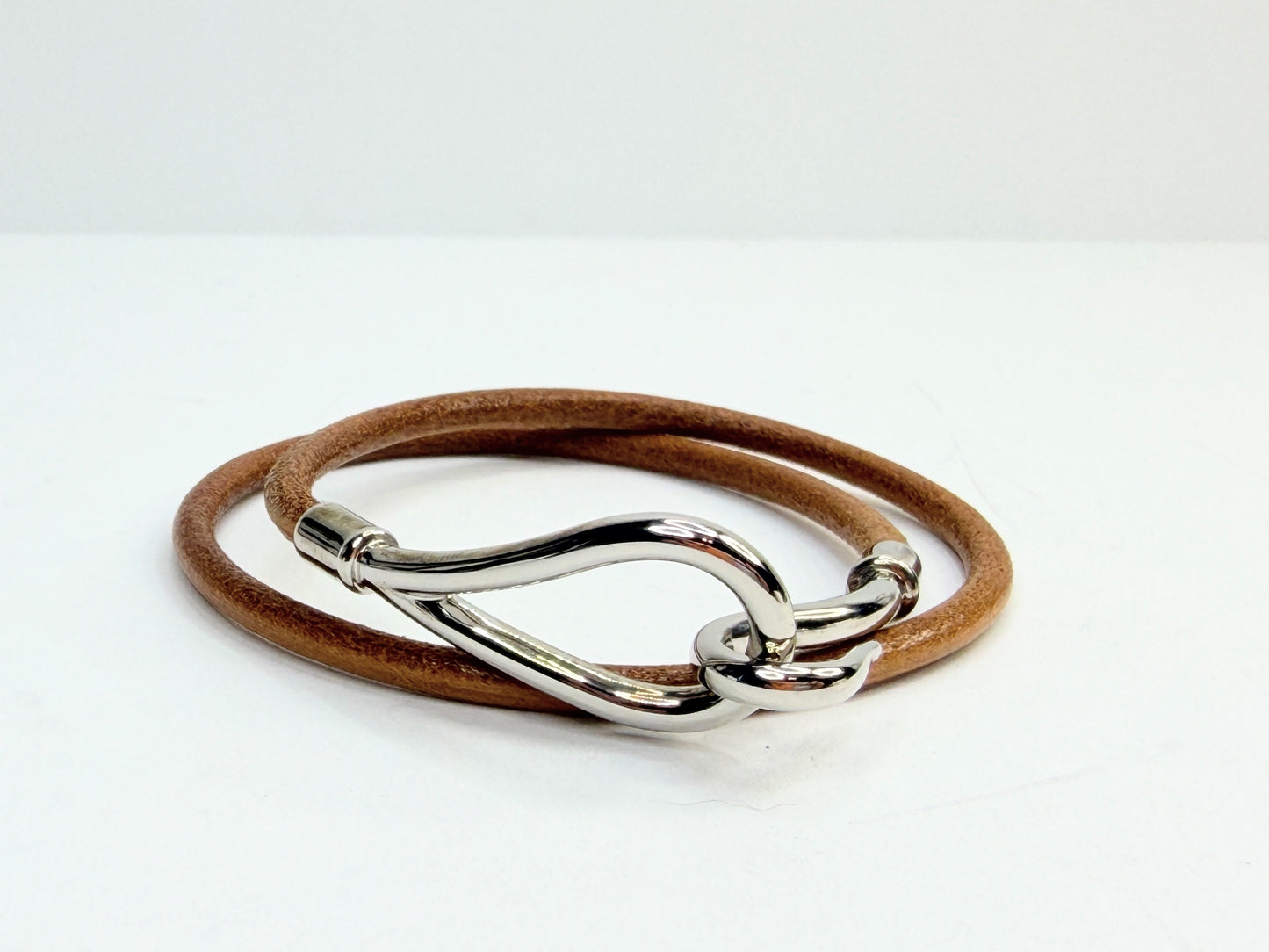 Vintage Authentic Hermès Jumbo Brown Leather Bracelet Silver Hook 15" GS756