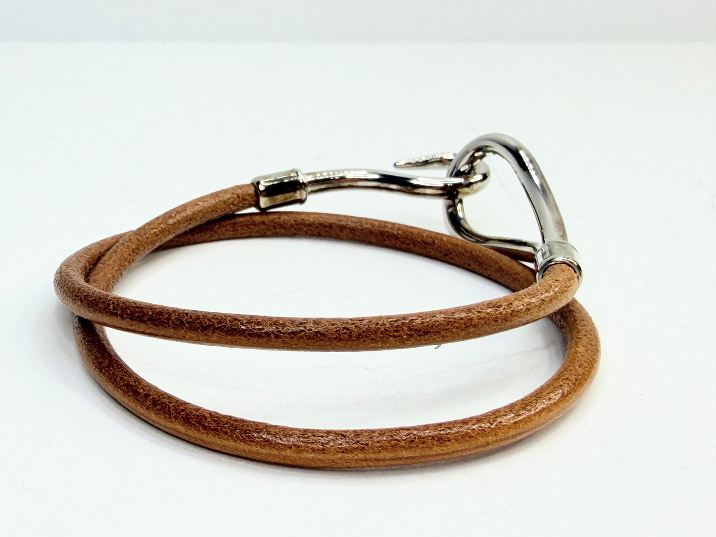 Vintage Authentic Hermès Jumbo Brown Leather Bracelet Silver Hook 15" GS756