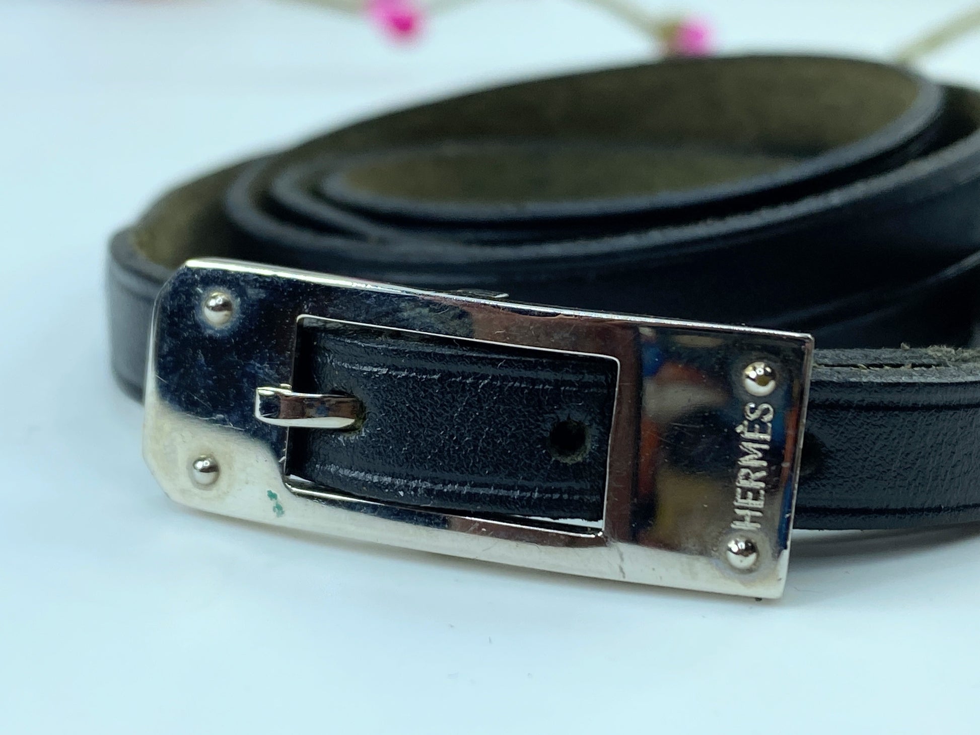 Hermes Hapi Triple Tour Black Leather Silver Tone Logo Wrap Bracelet GS351