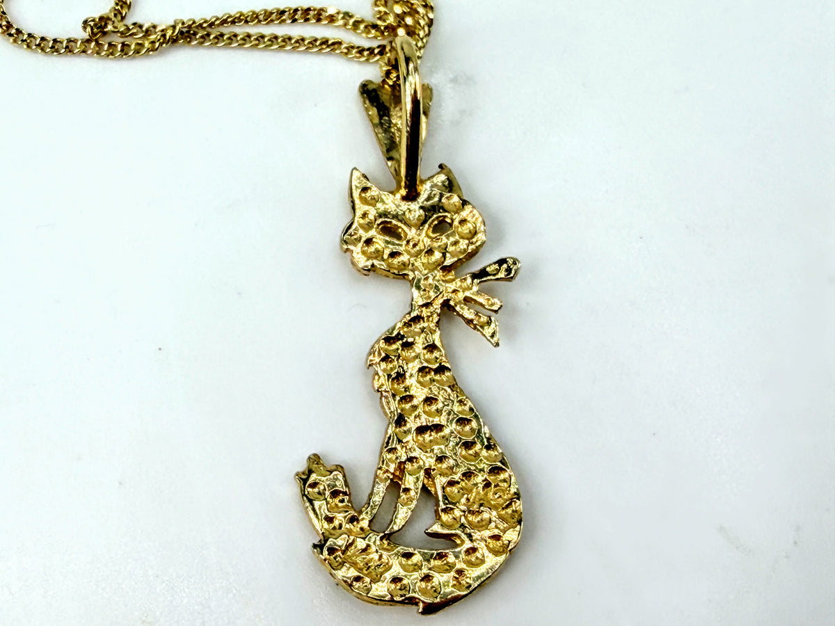 Vintage 14K Yellow Gold Whimsical Diamond cut Cat Pendant Necklace 16" JR2025