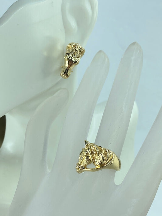 Diamond Horse Head Ring matching Earrings 14K gold animal size7 16.4g JR785
