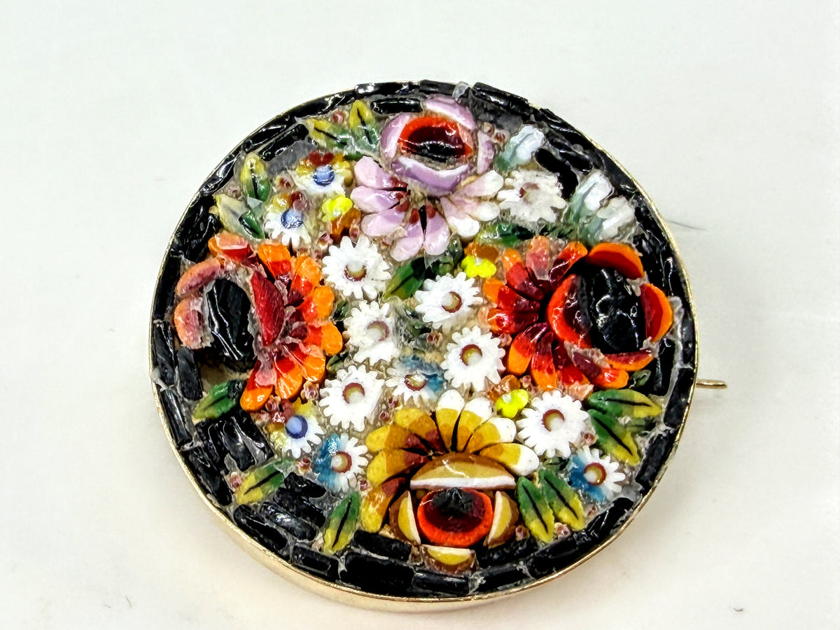 Antique Italian Floral Micromosaic Brooch Later 14K Gold Setting 8.3g JR2027