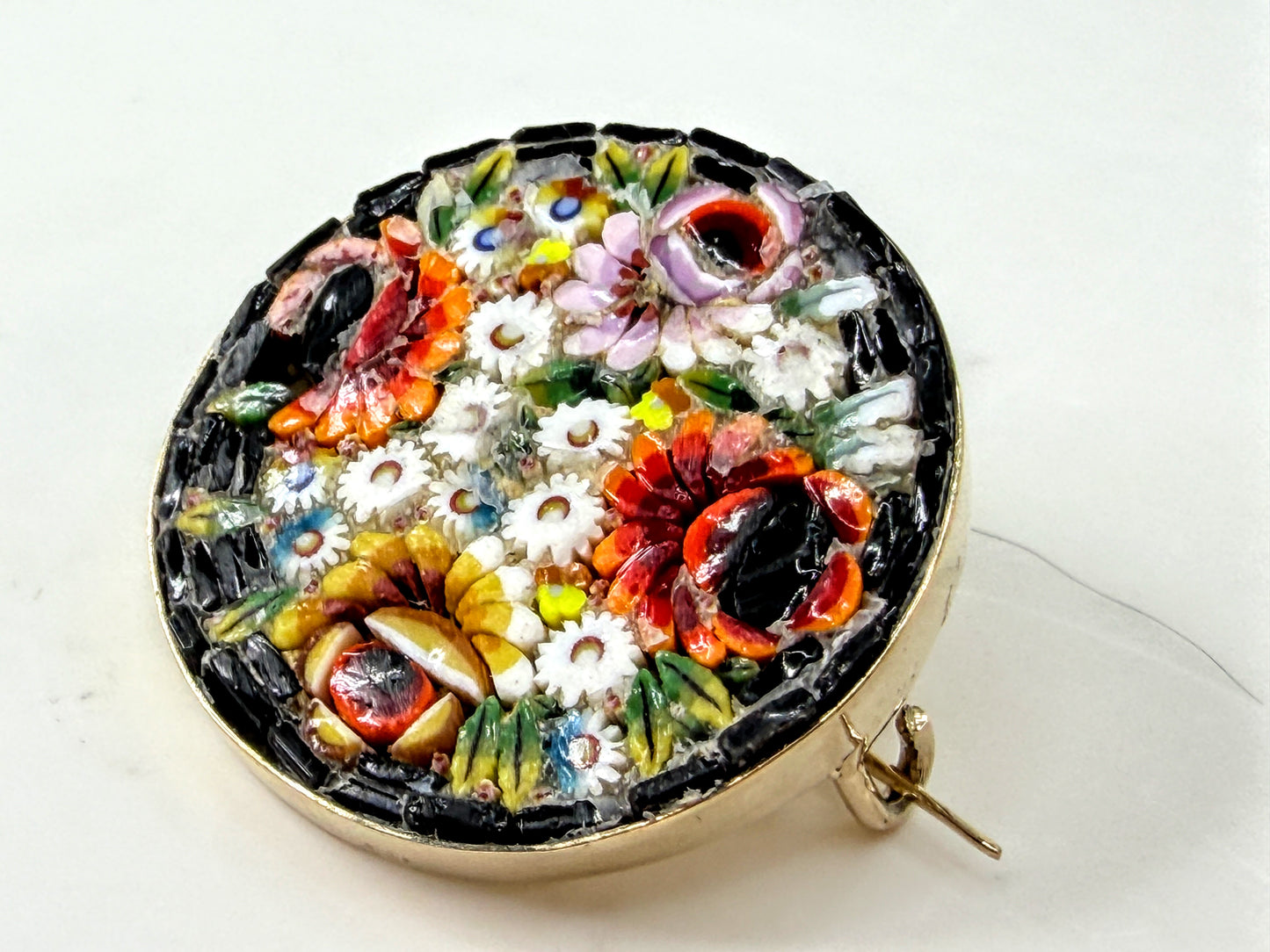 Antique Italian Floral Micromosaic Brooch Later 14K Gold Setting 8.3g JR2027