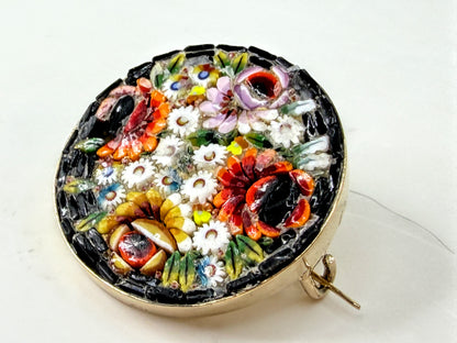 Antique Italian Floral Micromosaic Brooch Later 14K Gold Setting 8.3g JR2027