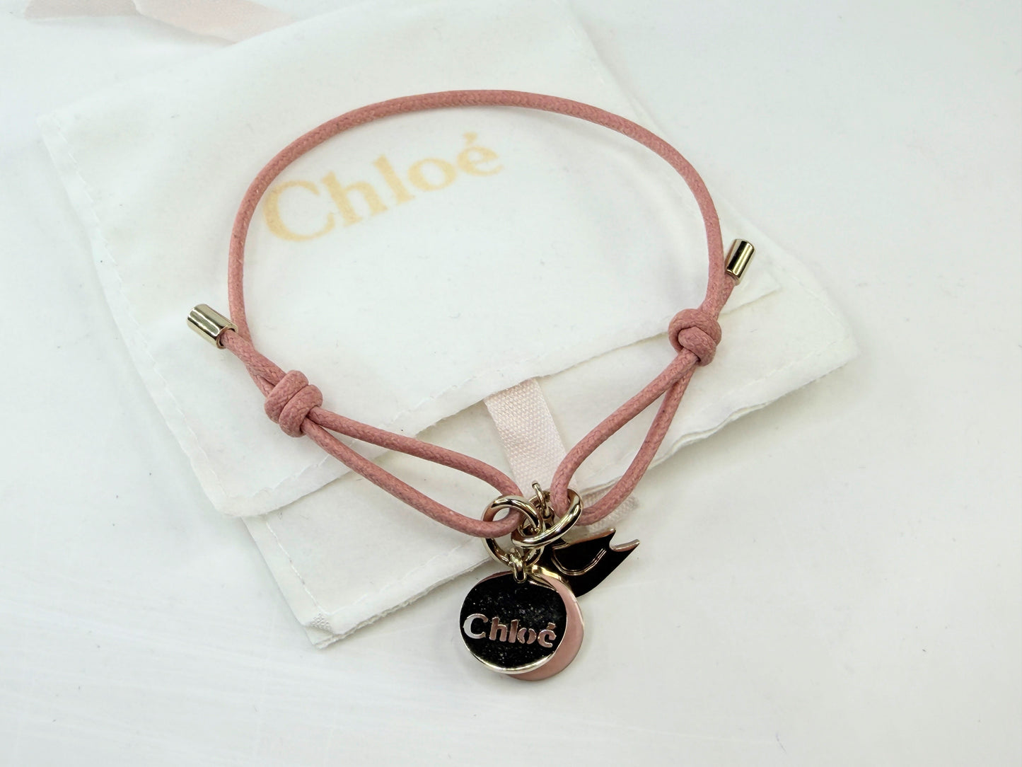 Chloe Pink Cord Logo Charm Adjustable Bracelet Pouch New old Stock GS759