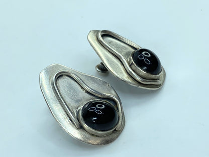 Sterling Silver Modernist asymmetric Onyx screw-on earrings 1 1/4" 16.5g JR791