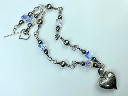 Sterling Silver etched Puffy Heart Crystal sterling Beads toggle necklace JR792