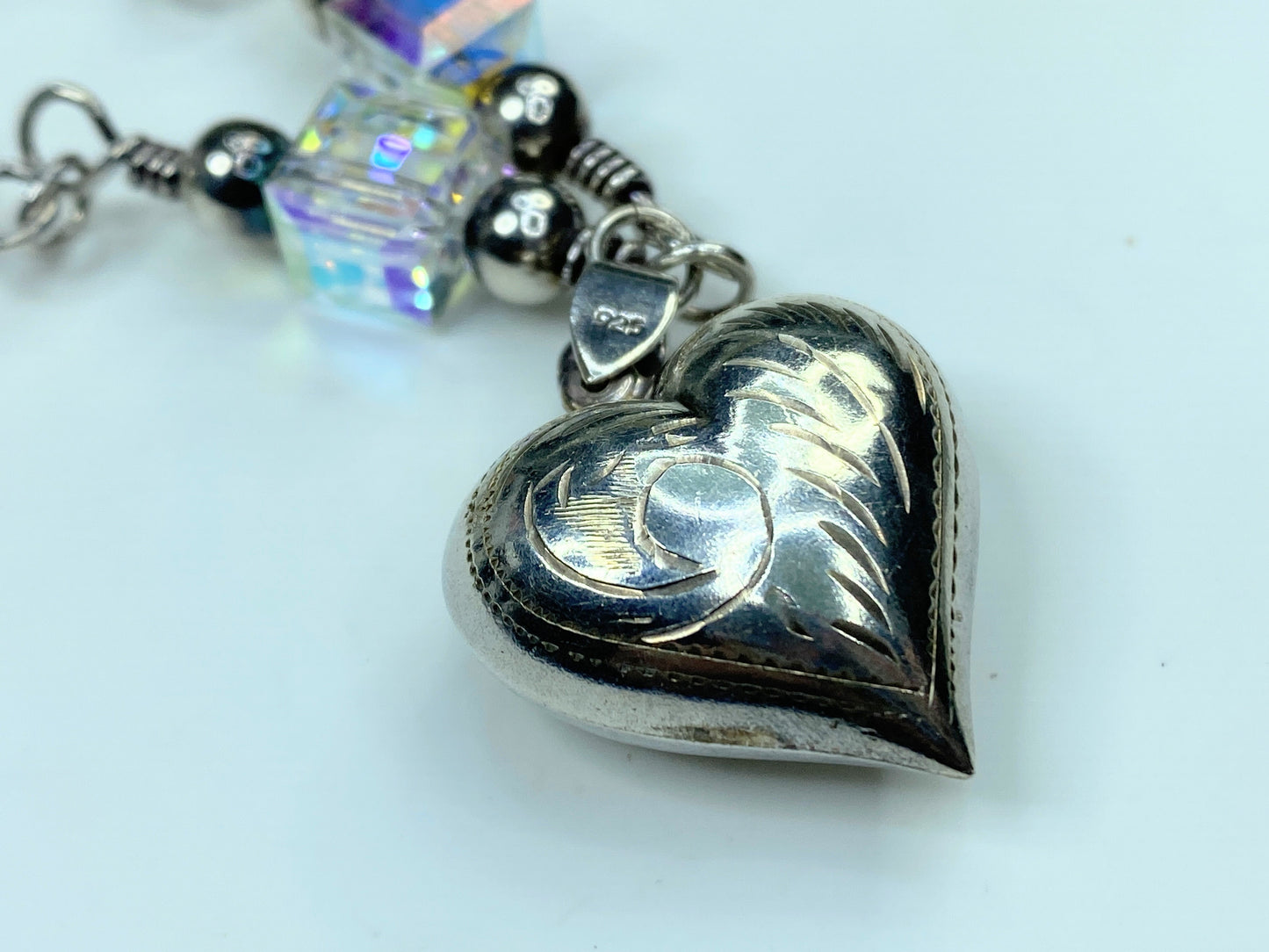 Sterling Silver etched Puffy Heart Crystal sterling Beads toggle necklace JR792