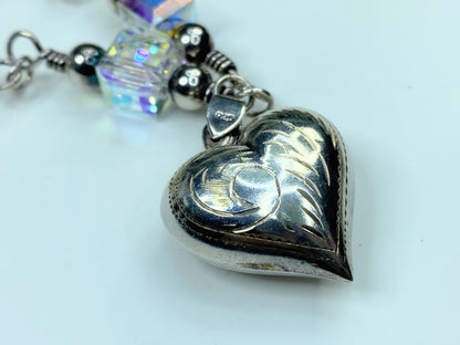 Sterling Silver etched Puffy Heart Crystal sterling Beads toggle necklace JR792