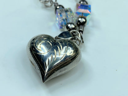 Sterling Silver etched Puffy Heart Crystal sterling Beads toggle necklace JR792