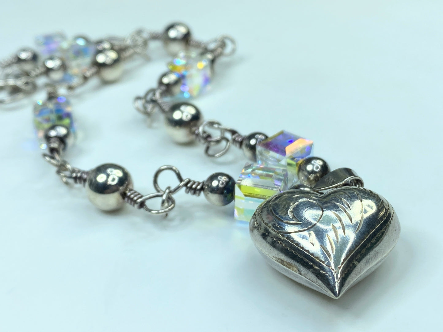 Sterling Silver etched Puffy Heart Crystal sterling Beads toggle necklace JR792