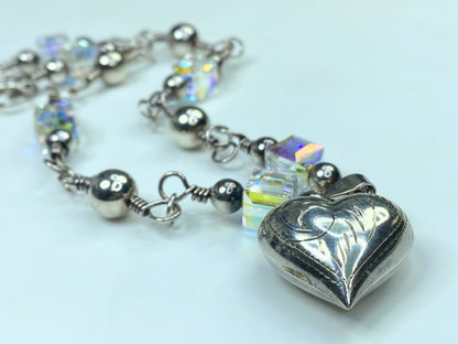 Sterling Silver etched Puffy Heart Crystal sterling Beads toggle necklace JR792