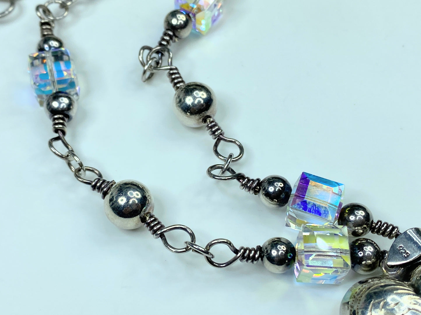 Sterling Silver etched Puffy Heart Crystal sterling Beads toggle necklace JR792