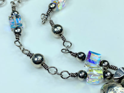 Sterling Silver etched Puffy Heart Crystal sterling Beads toggle necklace JR792
