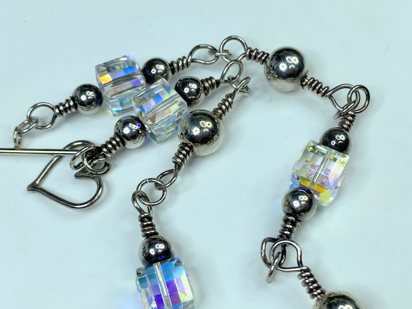 Sterling Silver etched Puffy Heart Crystal sterling Beads toggle necklace JR792