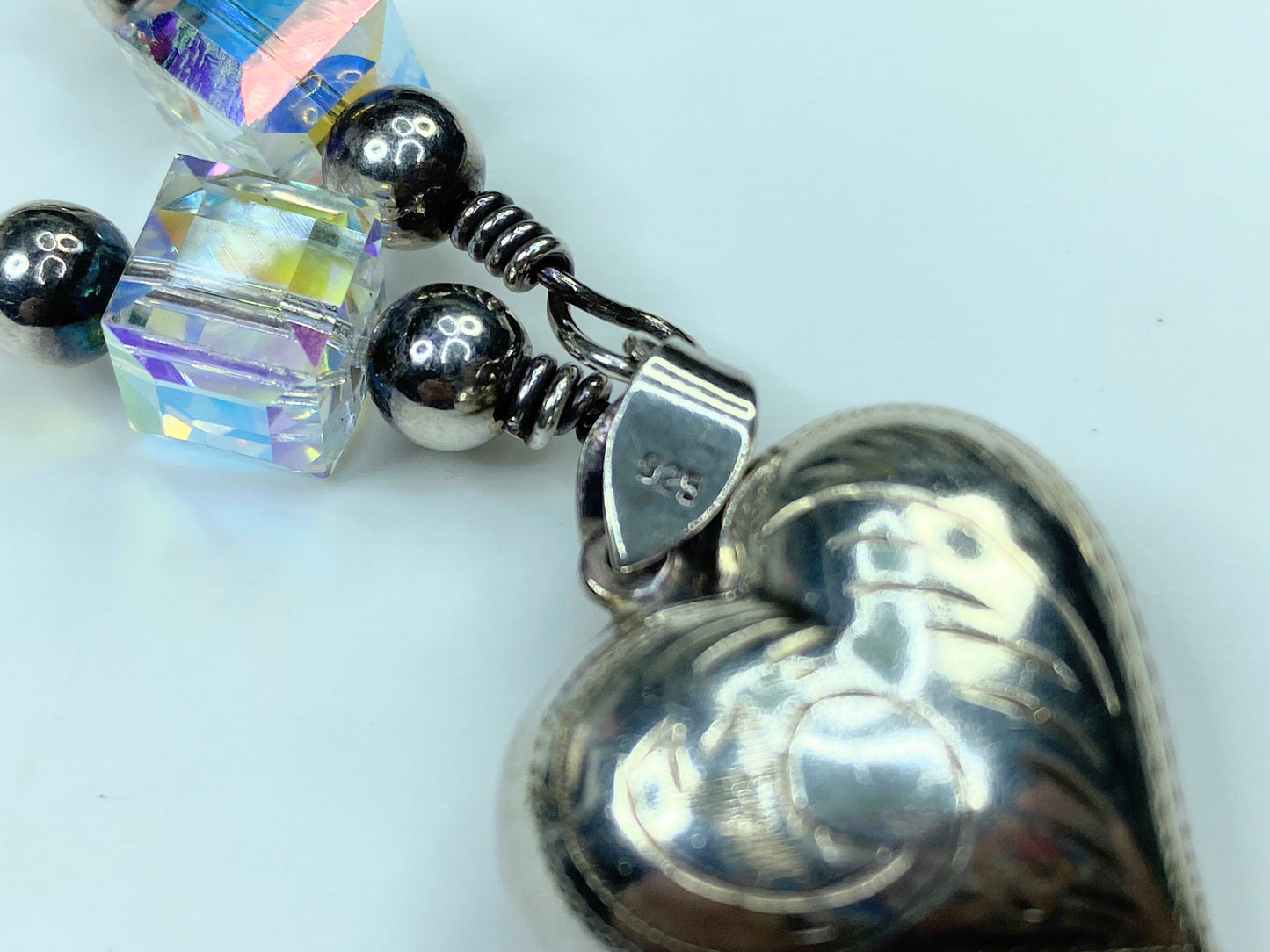 Sterling Silver etched Puffy Heart Crystal sterling Beads toggle necklace JR792
