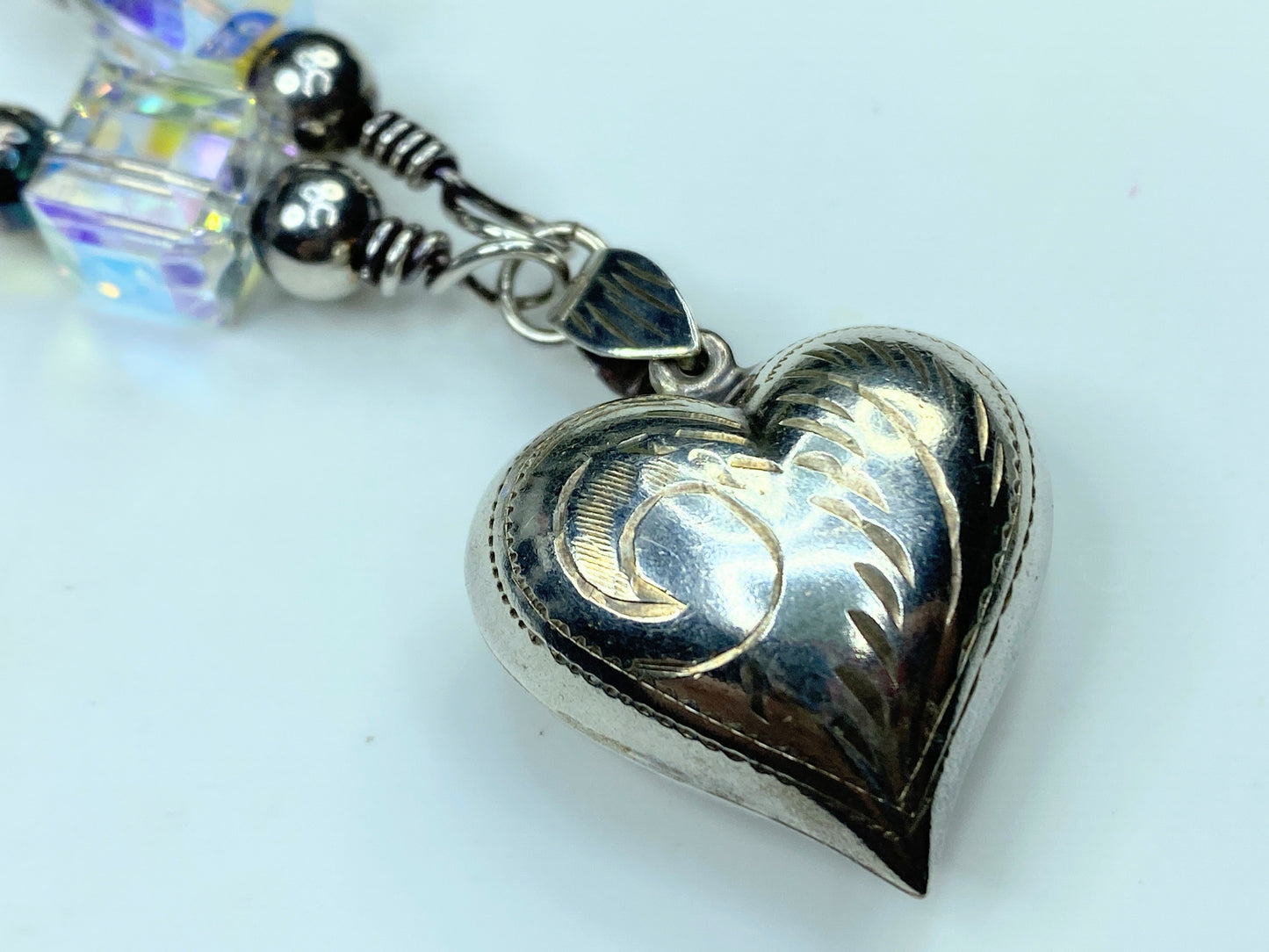 Sterling Silver etched Puffy Heart Crystal sterling Beads toggle necklace JR792