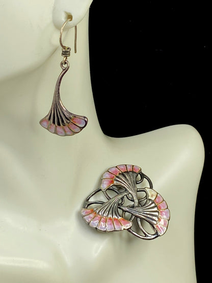 Sterling Silver enamel Ginkgo earrings and brooch set JR8934