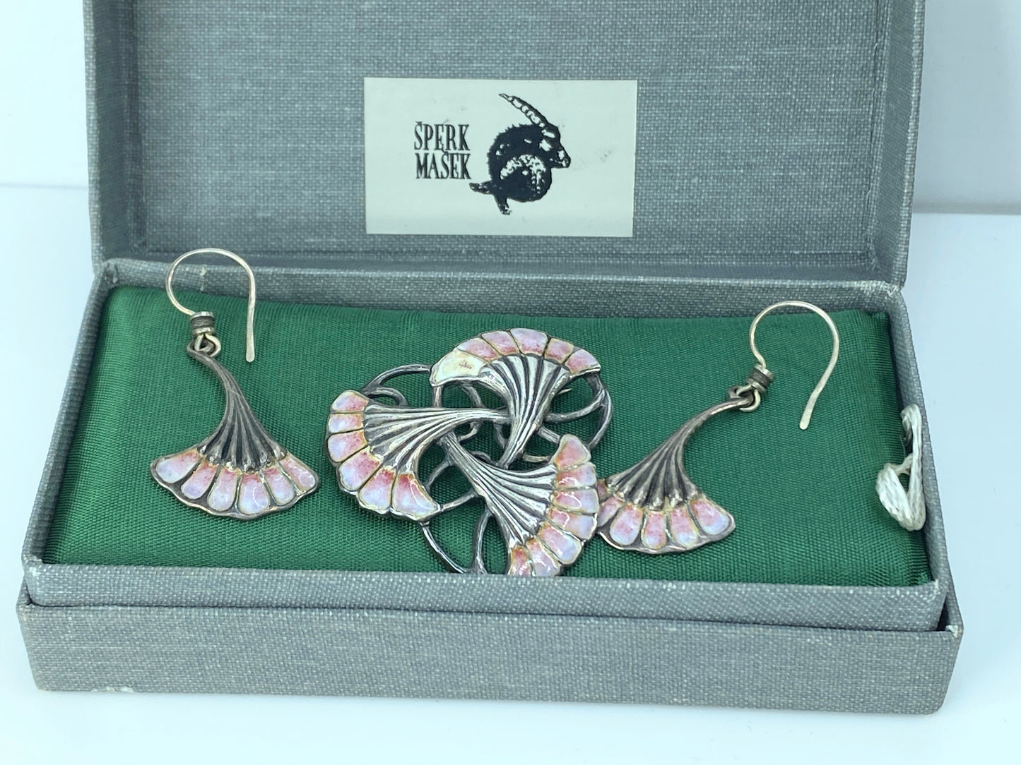 Sterling Silver enamel Ginkgo earrings and brooch set JR8934