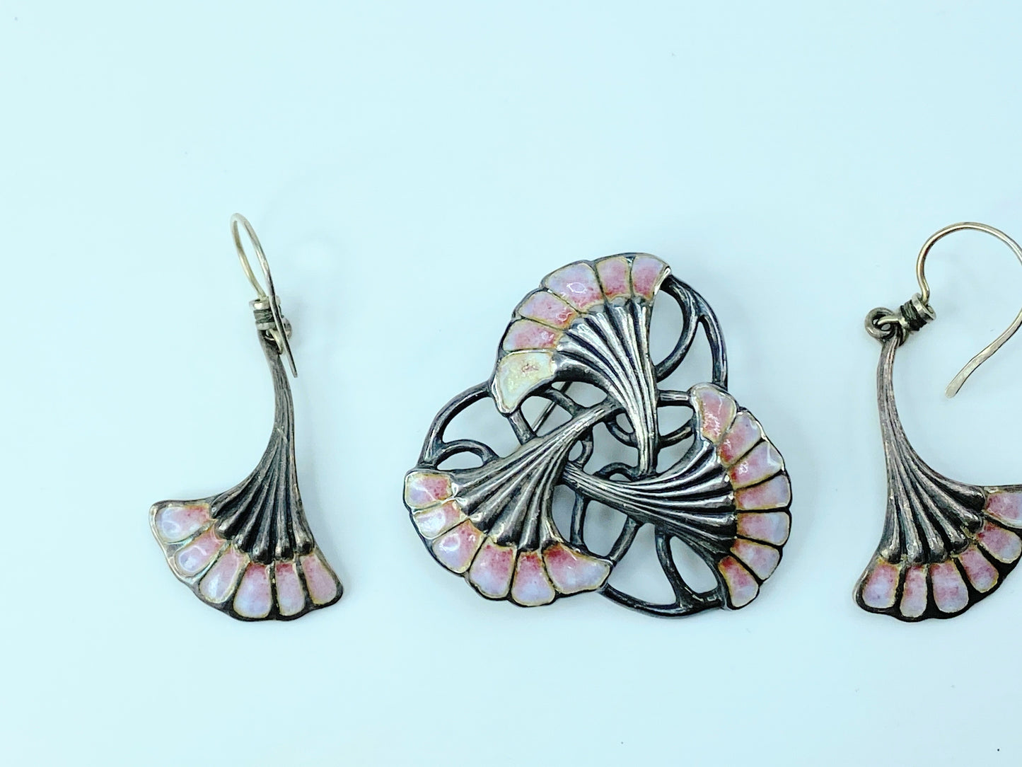 Sterling Silver enamel Ginkgo earrings and brooch set JR8934