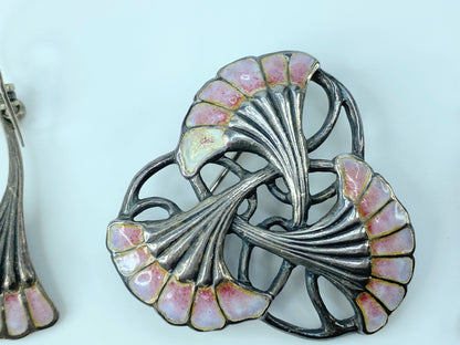 Sterling Silver enamel Ginkgo earrings and brooch set JR8934