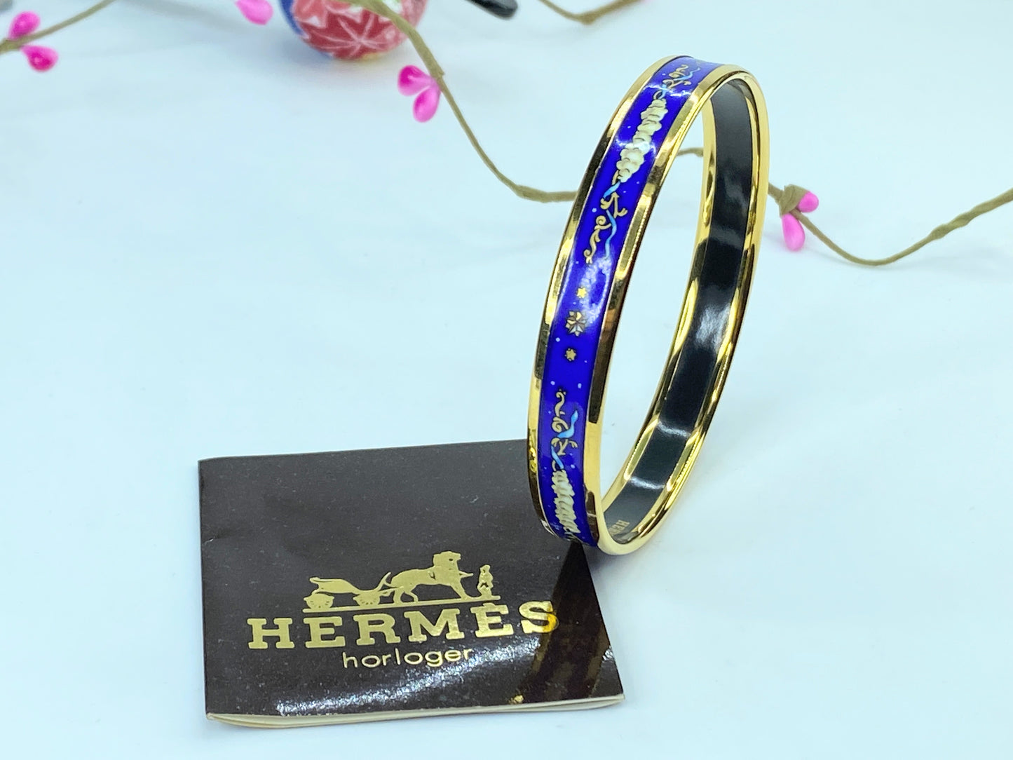 Hermes Enamel Printed Celestial Mythology Narrow Bracelet 70 Bleu 8" 10mm GS374
