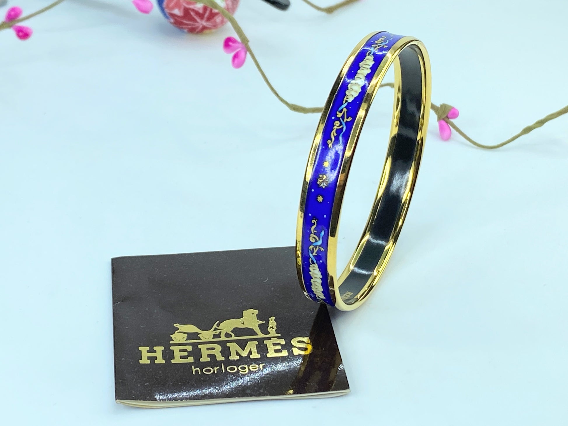 Hermes Enamel Printed Celestial Mythology Narrow Bracelet 70 Bleu 8" 10mm GS374