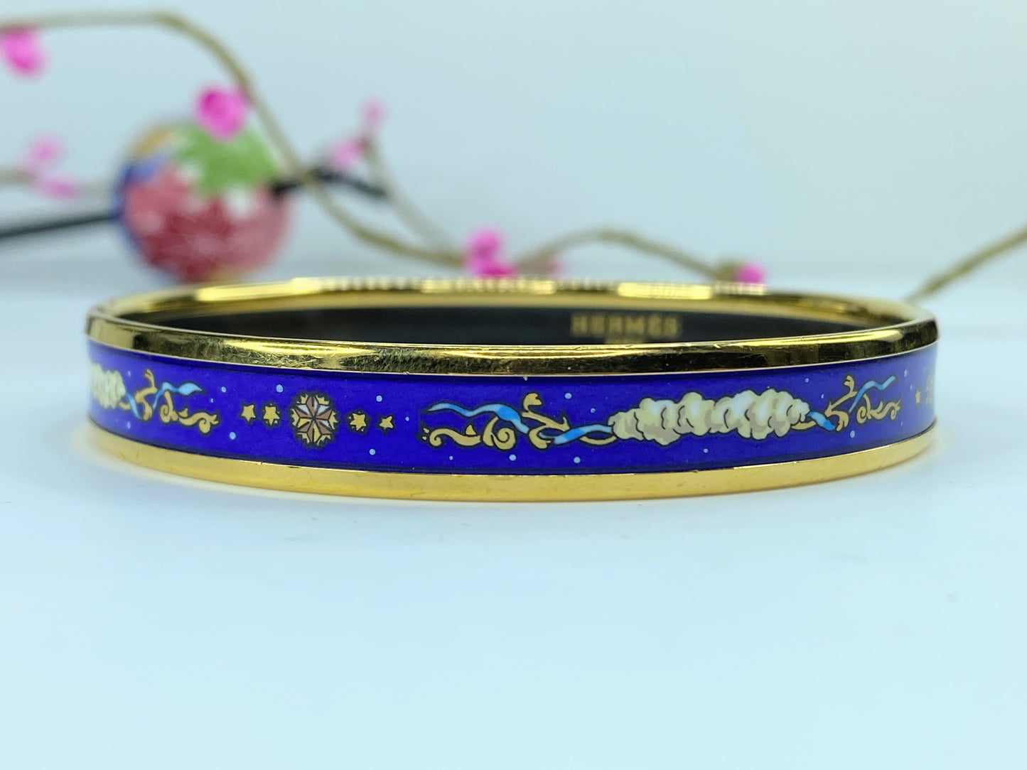 Hermes Enamel Printed Celestial Mythology Narrow Bracelet 70 Bleu 8" 10mm GS374