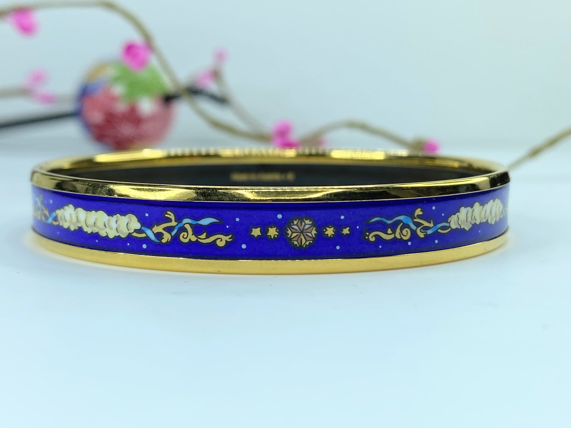 Hermes Enamel Printed Celestial Mythology Narrow Bracelet 70 Bleu 8" 10mm GS374