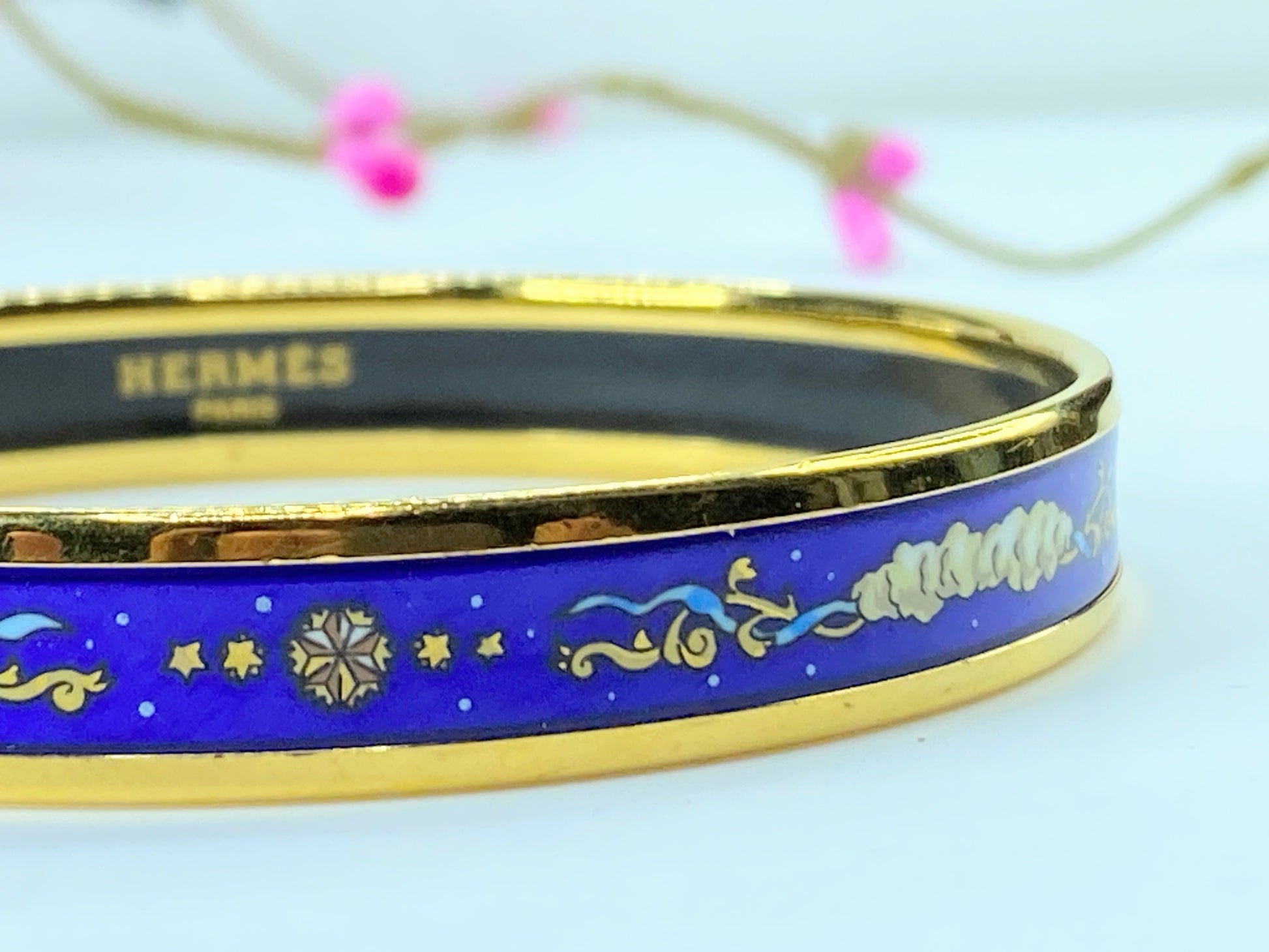 Hermes Enamel Printed Celestial Mythology Narrow Bracelet 70 Bleu 8" 10mm GS374