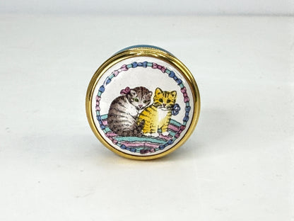 Halcyon Days Enamels Two Cats Blue Round Trinket Box England 1" x 3/4" SS481