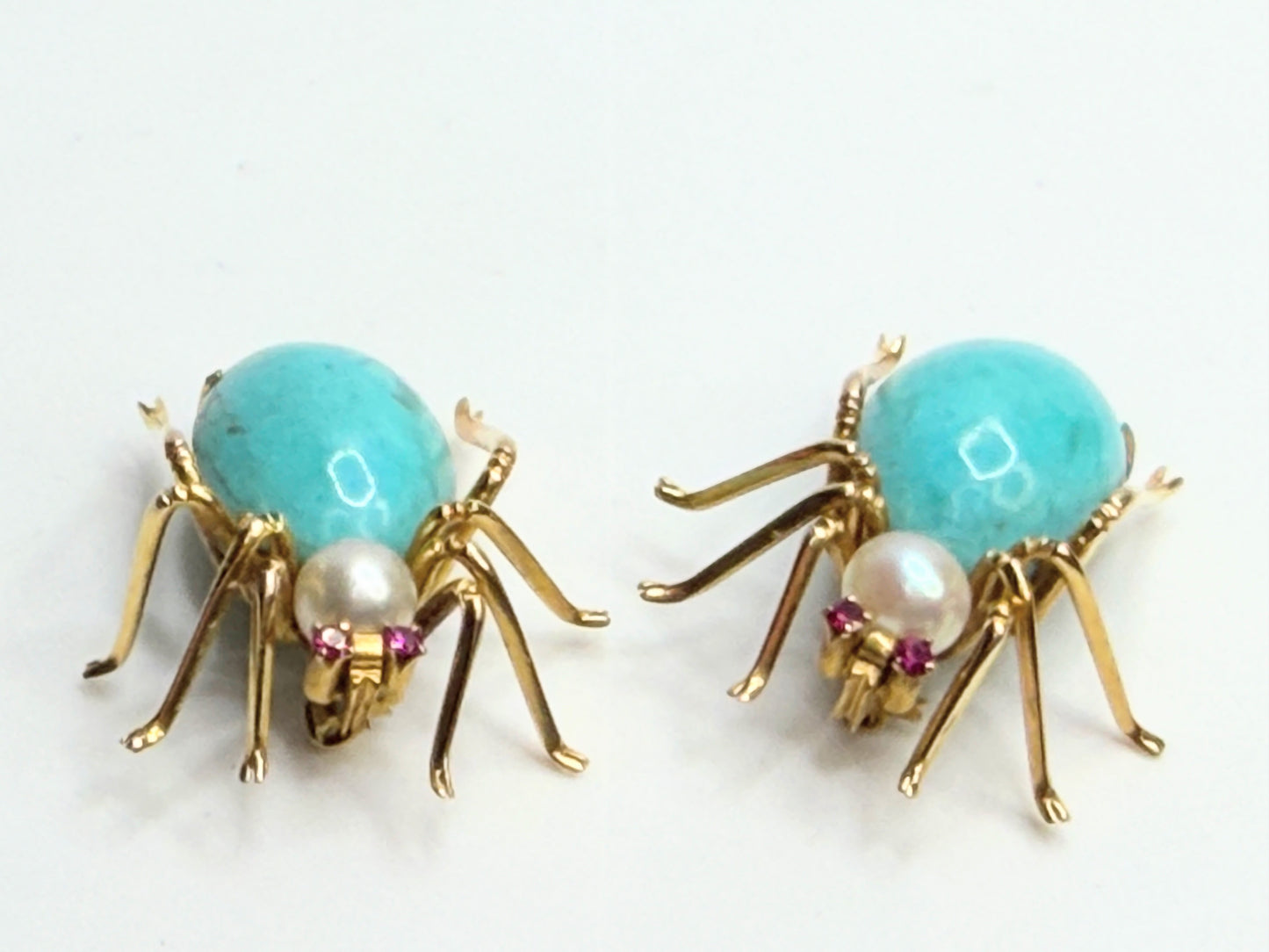 14K Turquoise Pearl Ruby Spider Brooch Mid Century 1960s-70s Era JR1315