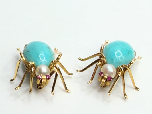 14K Turquoise Pearl Ruby Spider Brooch Mid Century 1960s-70s Era JR1315