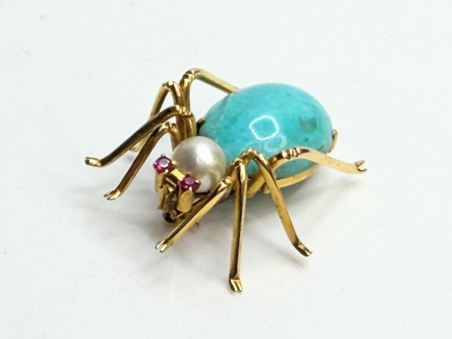 14K Turquoise Pearl Ruby Spider Brooch Mid Century 1960s-70s Era JR1315