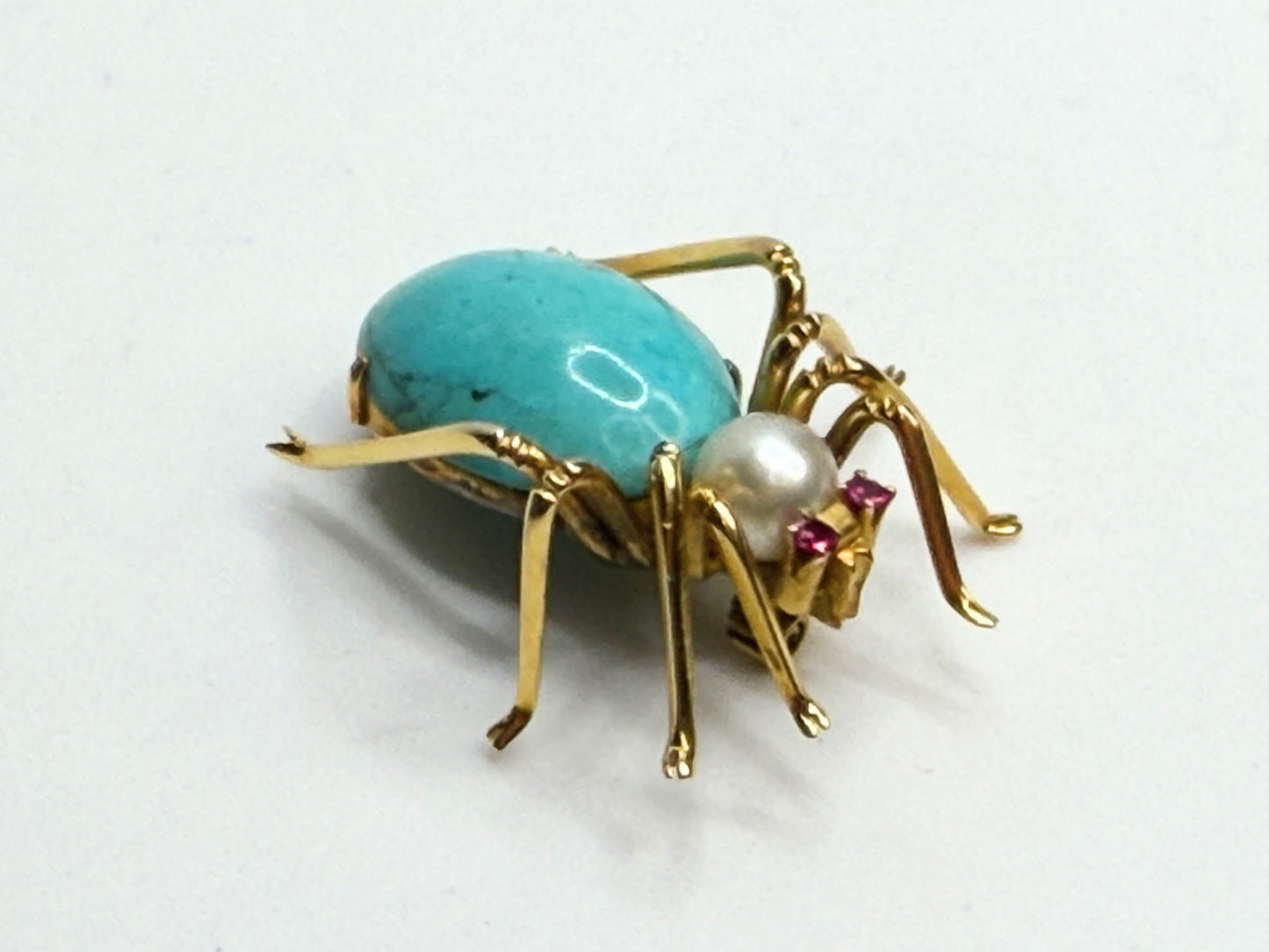 14K Turquoise Pearl Ruby Spider Brooch Mid Century 1960s-70s Era JR1315
