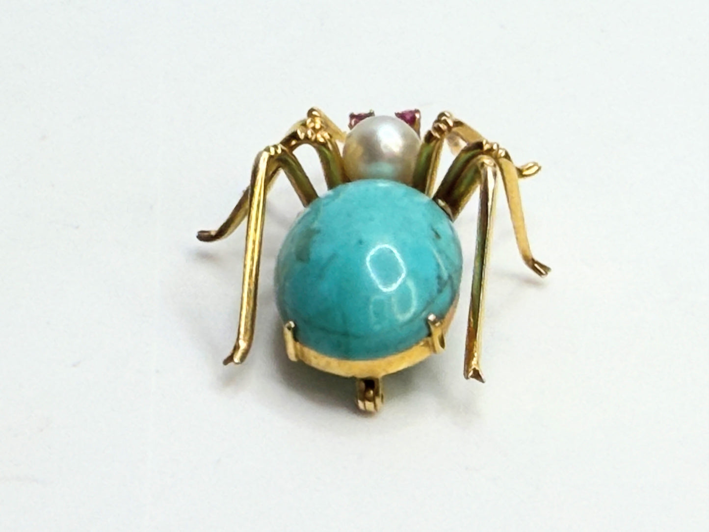 14K Turquoise Pearl Ruby Spider Brooch Mid Century 1960s-70s Era JR1315