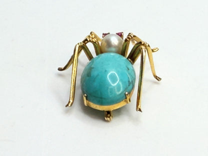 14K Turquoise Pearl Ruby Spider Brooch Mid Century 1960s-70s Era JR1315