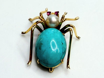 14K Turquoise Pearl Ruby Spider Brooch Mid Century 1960s-70s Era JR1315