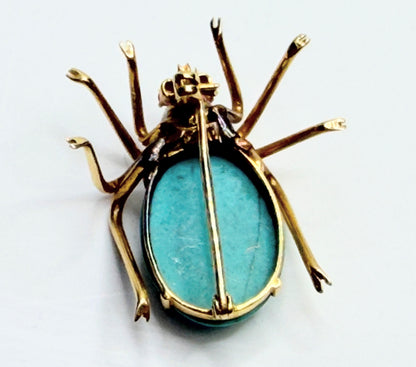 14K Turquoise Pearl Ruby Spider Brooch Mid Century 1960s-70s Era JR1315