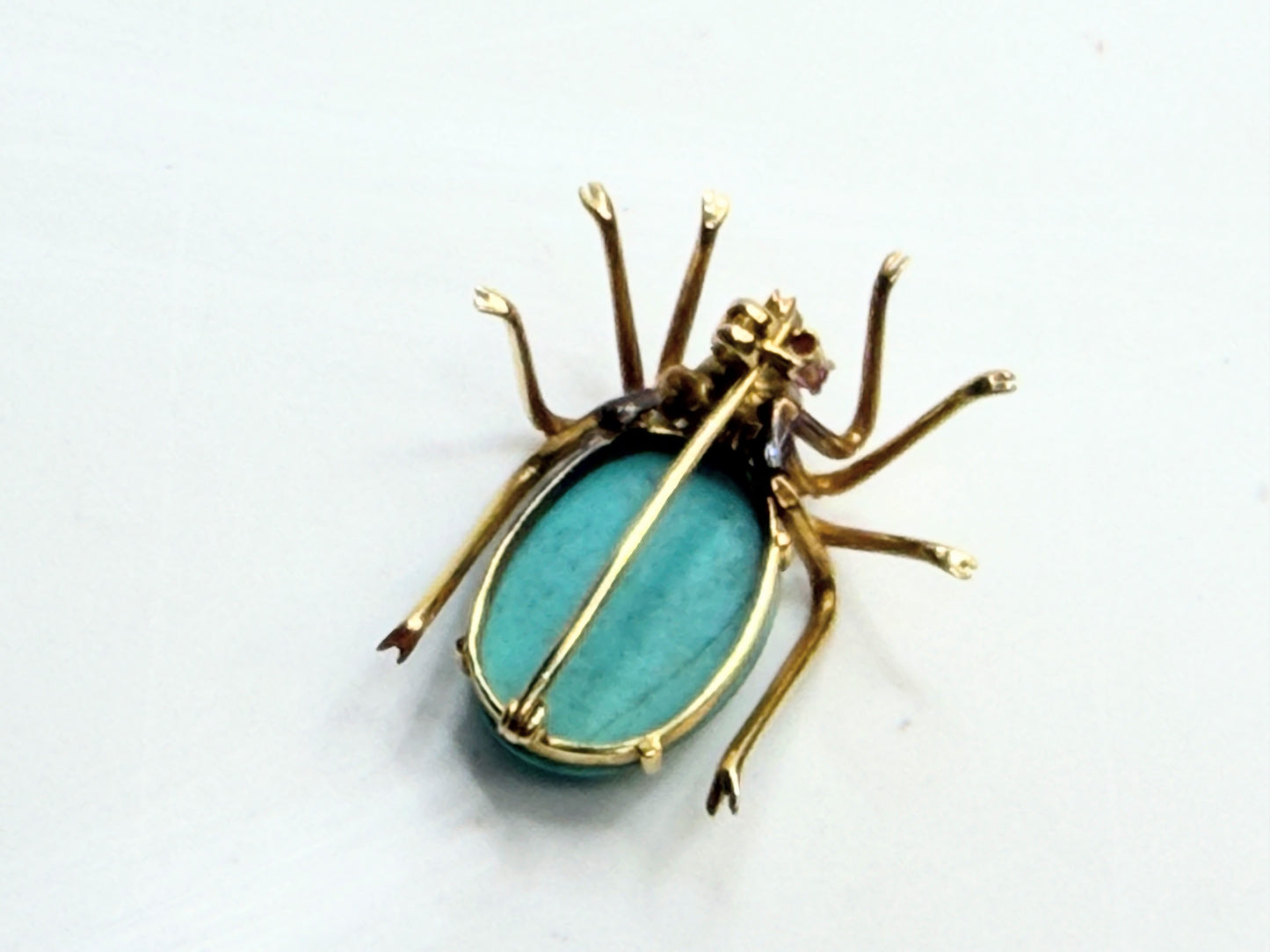14K Turquoise Pearl Ruby Spider Brooch Mid Century 1960s-70s Era JR1315