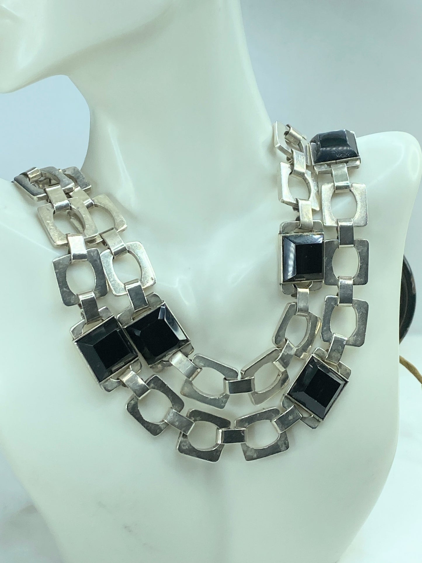 Huffy MEXICO 1970 Taxco Modernist Geometric Necklace 925 Sterling Onyx 37"JR828