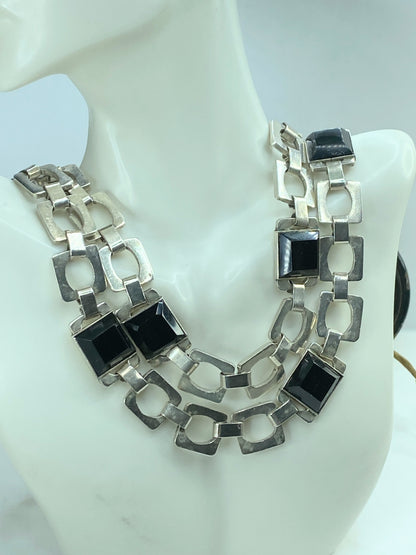 Huffy MEXICO 1970 Taxco Modernist Geometric Necklace 925 Sterling Onyx 37"JR828