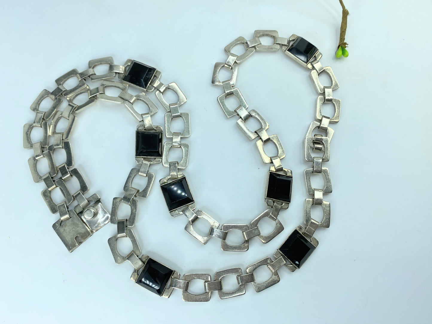 Huffy MEXICO 1970 Taxco Modernist Geometric Necklace 925 Sterling Onyx 37"JR828