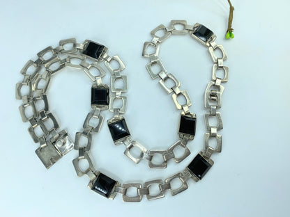 Huffy MEXICO 1970 Taxco Modernist Geometric Necklace 925 Sterling Onyx 37"JR828