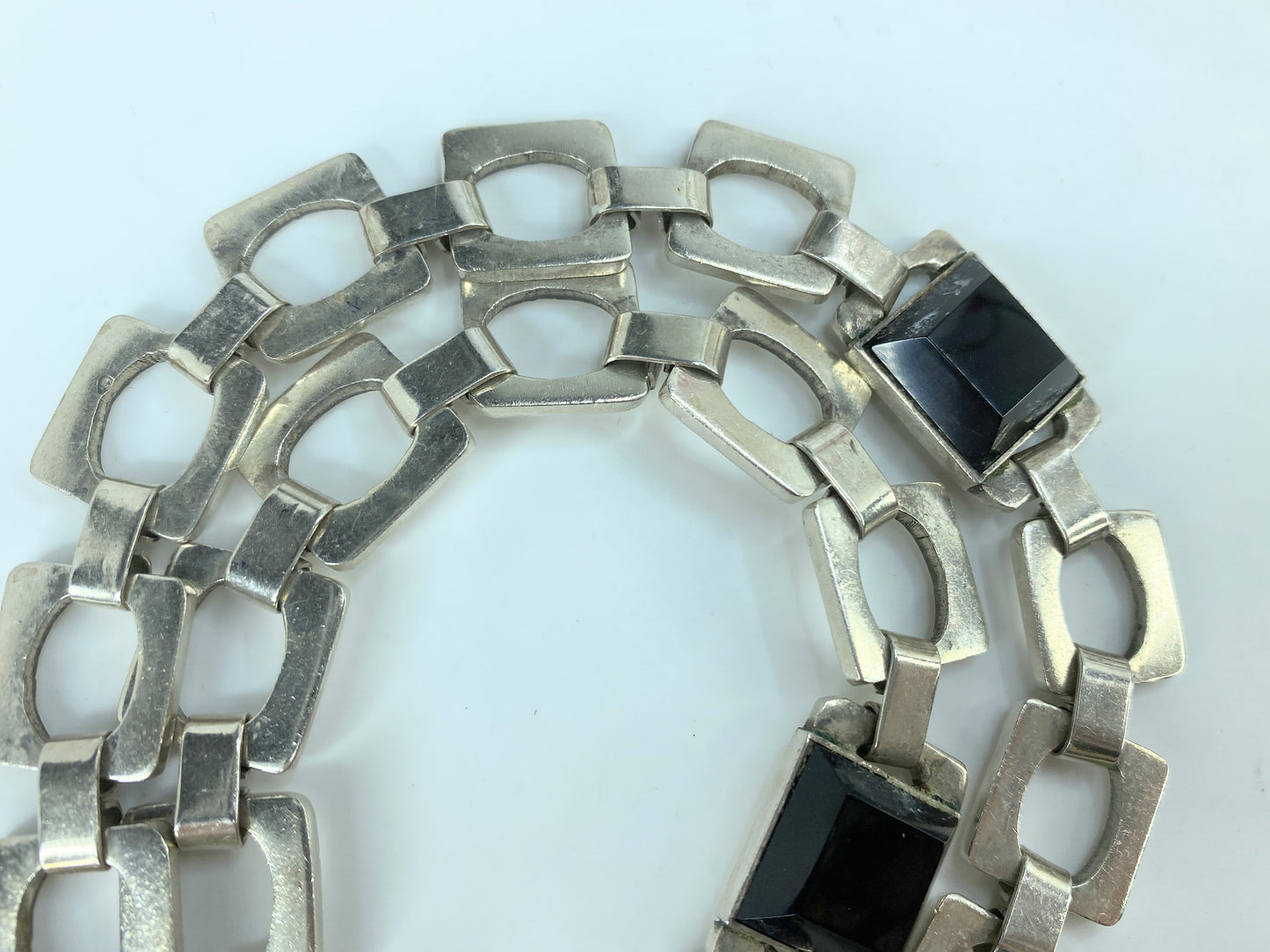 Huffy MEXICO 1970 Taxco Modernist Geometric Necklace 925 Sterling Onyx 37"JR828