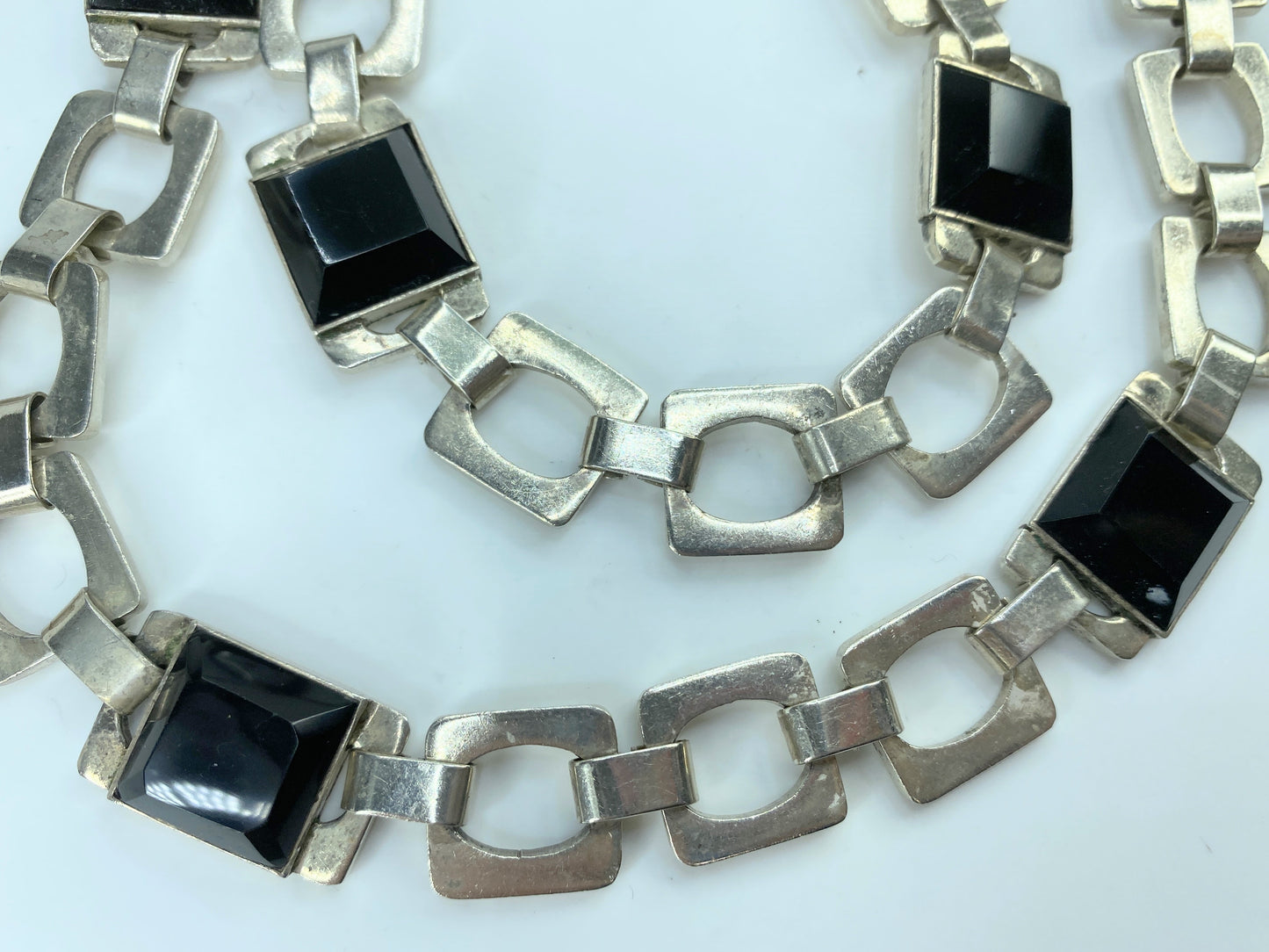 Huffy MEXICO 1970 Taxco Modernist Geometric Necklace 925 Sterling Onyx 37"JR828